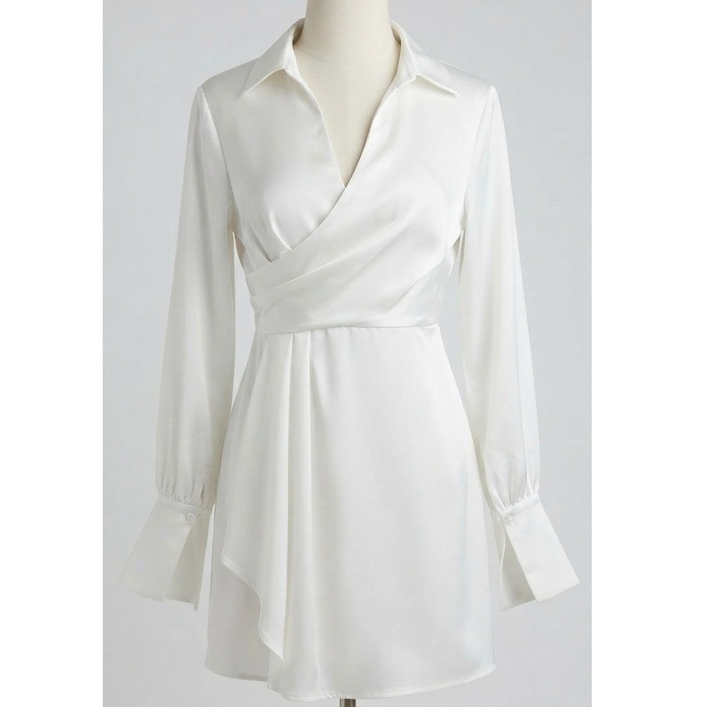 Lulus Rumaria White Satin Faux-Wrap Mini Dress L NWT